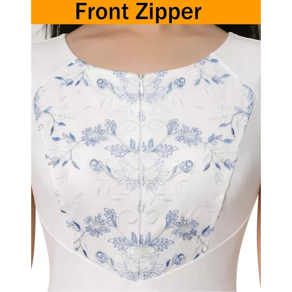 VFSHOW Womens Elegant Front Zipper Slim Work Business Office Party Bodycon Pencil DressOff White and Blue Floral Embroidery