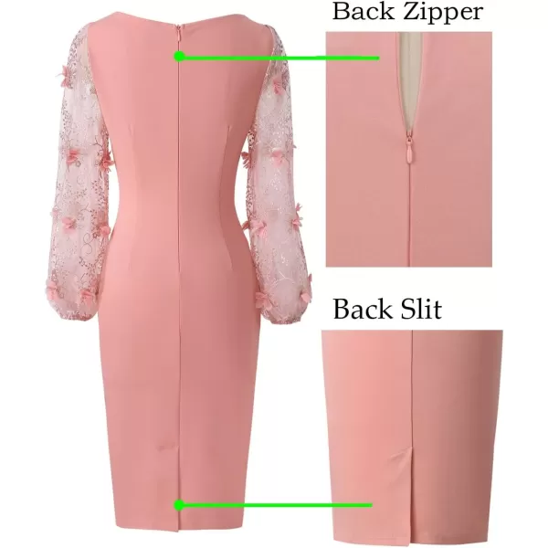 VFSHOW Womens Elegant Front Zipper Slim Work Business Office Party Bodycon Pencil DressPeach Pink Bishop Sleeve