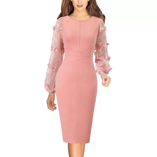 VFSHOW Womens Elegant Front Zipper Slim Work Business Office Party Bodycon Pencil DressPeach Pink Bishop Sleeve