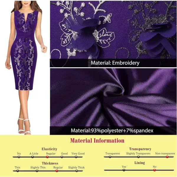 VFSHOW Womens Elegant Front Zipper Slim Work Business Office Party Bodycon Pencil DressPurple Satinfloral Embroidery