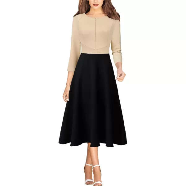 VFSHOW Womens Elegant Front Zipper Slim Work Business Office Party Cocktail ALine DressBeige  Black 34 Sleeve2