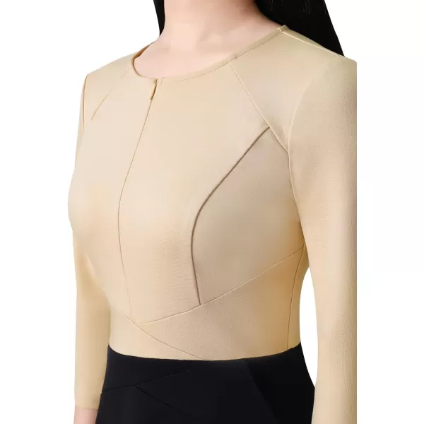 VFSHOW Womens Elegant Front Zipper Slim Work Business Office Party Cocktail ALine DressBeige  Black 34 Sleeve2