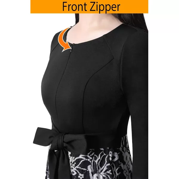 VFSHOW Womens Elegant Front Zipper Slim Work Business Office Party Cocktail ALine DressBlack  Contrast Lace