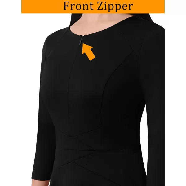 VFSHOW Womens Elegant Front Zipper Slim Work Business Office Party Cocktail ALine DressBlack 34 Sleeve Midilength