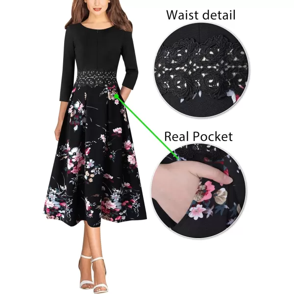 VFSHOW Womens Elegant Front Zipper Slim Work Business Office Party Cocktail ALine DressBlack and Multi Floral Print2