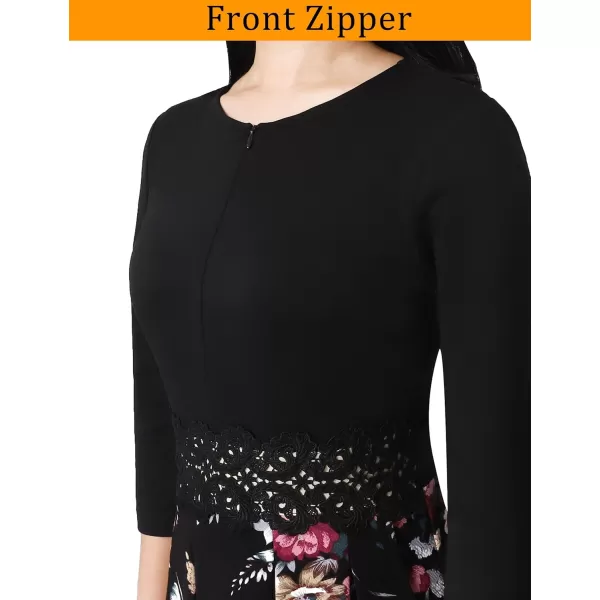 VFSHOW Womens Elegant Front Zipper Slim Work Business Office Party Cocktail ALine DressBlack and Multi Floral Print2