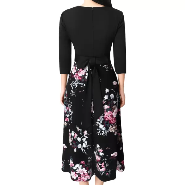 VFSHOW Womens Elegant Front Zipper Slim Work Business Office Party Cocktail ALine DressBlack and Multi Floral Print2