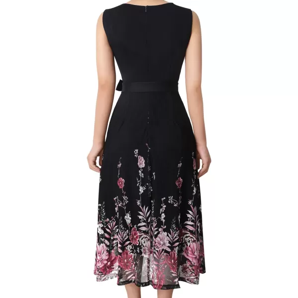 VFSHOW Womens Elegant Front Zipper Slim Work Business Office Party Cocktail ALine DressBlack and Pink Floral Print