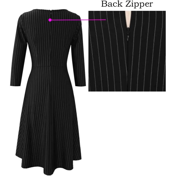 VFSHOW Womens Elegant Front Zipper Slim Work Business Office Party Cocktail ALine DressBlack and White Stripe 34 Sleeve