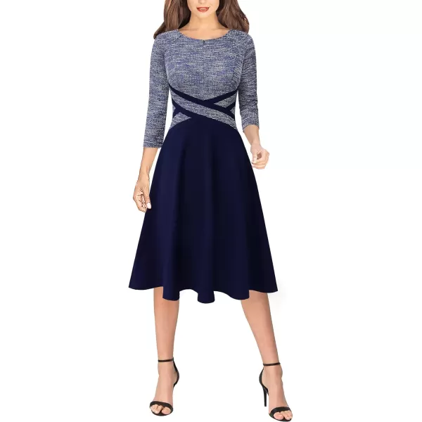 VFSHOW Womens Elegant Front Zipper Slim Work Business Office Party Cocktail ALine DressBlue Tweed and Navy