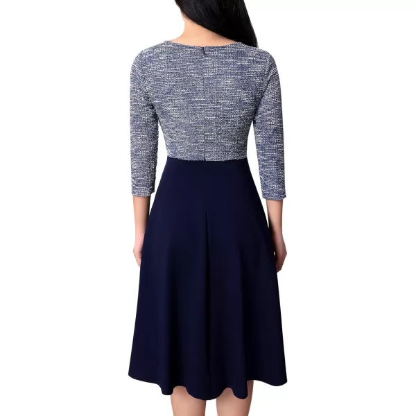 VFSHOW Womens Elegant Front Zipper Slim Work Business Office Party Cocktail ALine DressBlue Tweed and Navy