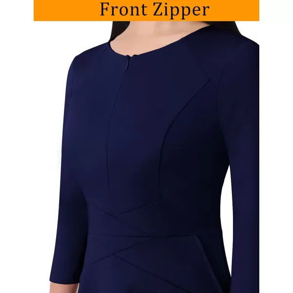 VFSHOW Womens Elegant Front Zipper Slim Work Business Office Party Cocktail ALine DressDark Blue 34 Sleeve