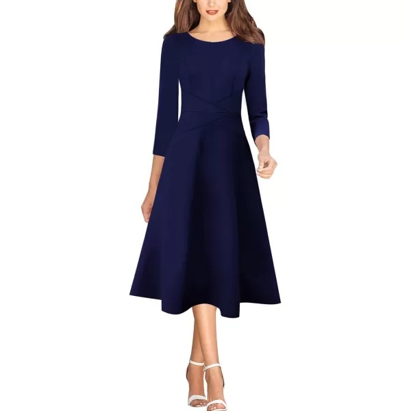 VFSHOW Womens Elegant Front Zipper Slim Work Business Office Party Cocktail ALine DressDark Blue 34 Sleeve