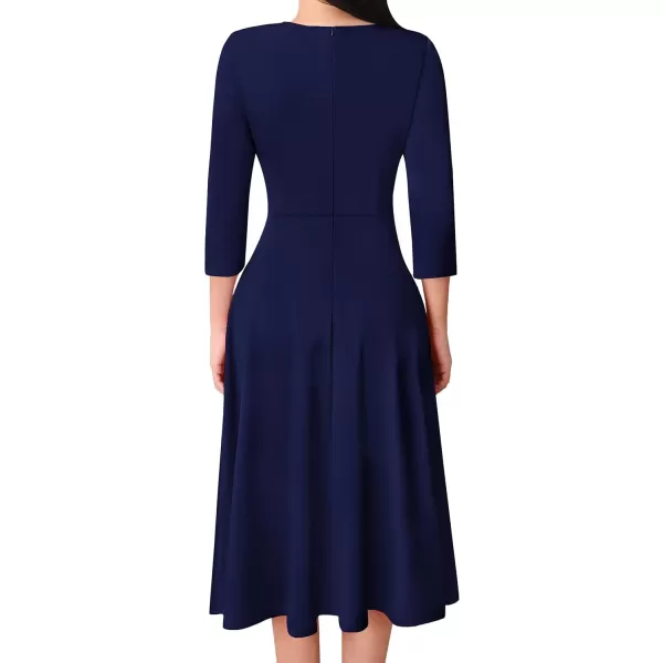 VFSHOW Womens Elegant Front Zipper Slim Work Business Office Party Cocktail ALine DressDark Blue 34 Sleeve