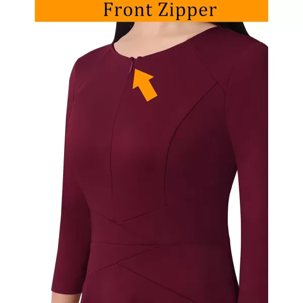 VFSHOW Womens Elegant Front Zipper Slim Work Business Office Party Cocktail ALine DressDark Red 34 Sleeve Midilength