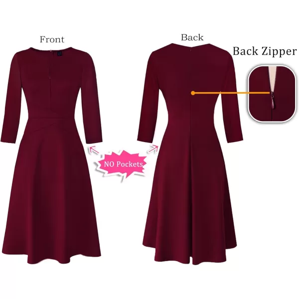 VFSHOW Womens Elegant Front Zipper Slim Work Business Office Party Cocktail ALine DressDark Red 34 Sleeve Midilength