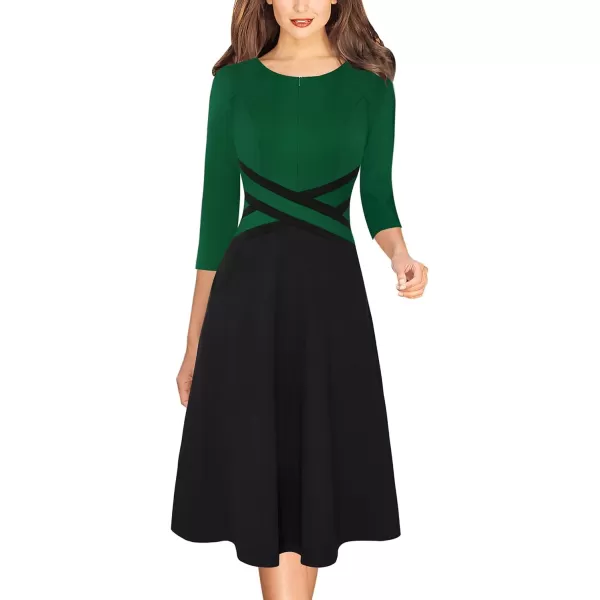 VFSHOW Womens Elegant Front Zipper Slim Work Business Office Party Cocktail ALine DressGreen  Black 34 Sleeve