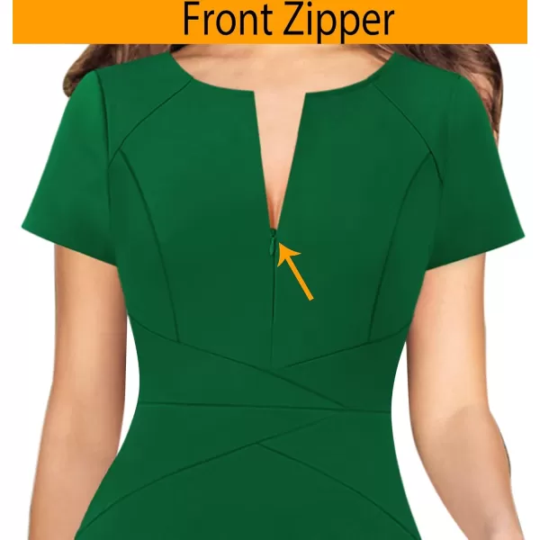 VFSHOW Womens Elegant Front Zipper Slim Work Business Office Party Cocktail ALine DressGreen Short Sleeve