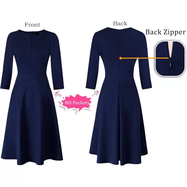 VFSHOW Womens Elegant Front Zipper Slim Work Business Office Party Cocktail ALine DressNavy Blue 34 Sleeve Midilength