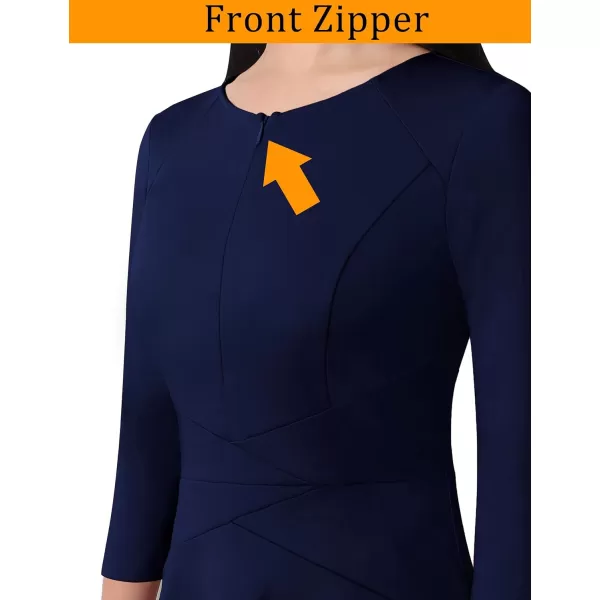 VFSHOW Womens Elegant Front Zipper Slim Work Business Office Party Cocktail ALine DressNavy Blue 34 Sleeve Midilength