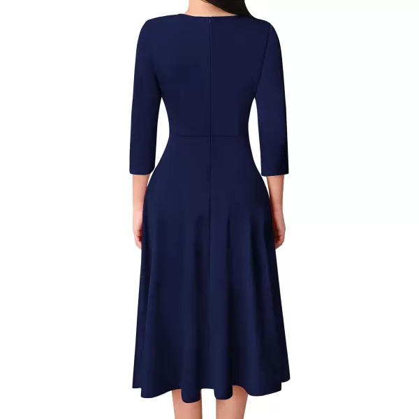 VFSHOW Womens Elegant Front Zipper Slim Work Business Office Party Cocktail ALine DressNavy Blue 34 Sleeve Midilength