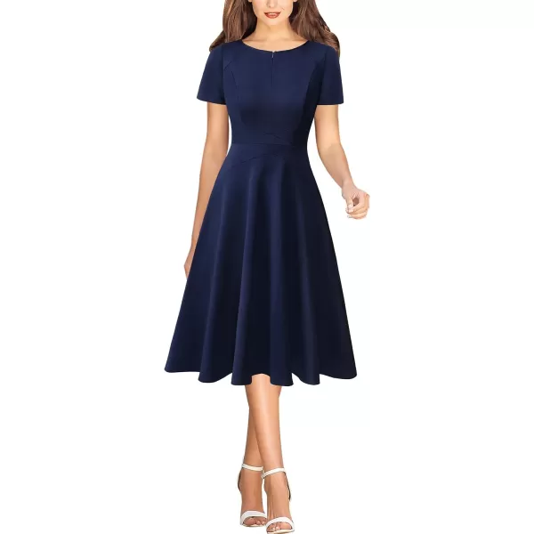 VFSHOW Womens Elegant Front Zipper Slim Work Business Office Party Cocktail ALine DressNavy Blue Short Sleeve