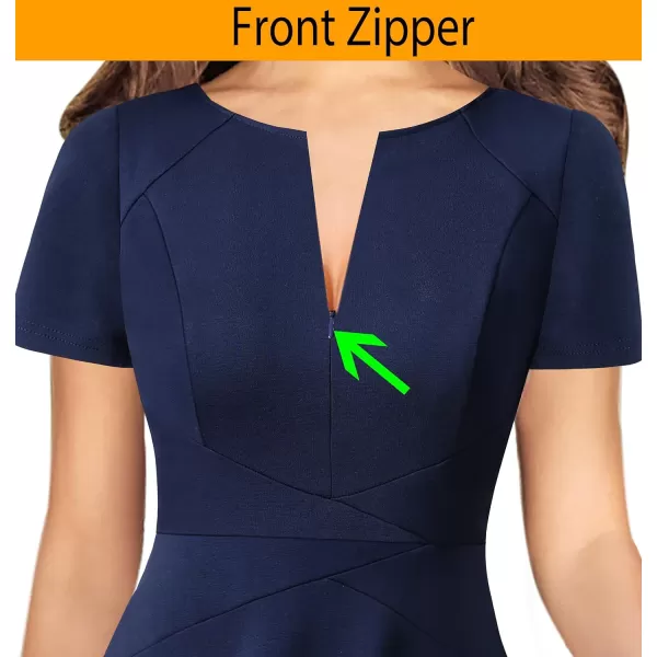 VFSHOW Womens Elegant Front Zipper Slim Work Business Office Party Cocktail ALine DressNavy Blue Short Sleeve