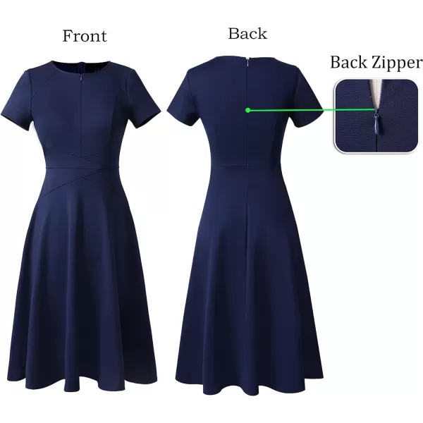 VFSHOW Womens Elegant Front Zipper Slim Work Business Office Party Cocktail ALine DressNavy Blue Short Sleeve