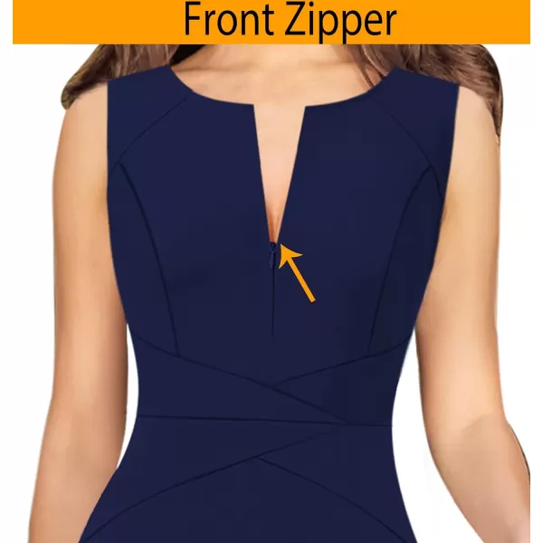 VFSHOW Womens Elegant Front Zipper Slim Work Business Office Party Cocktail ALine DressNavy Blue Sleeveless