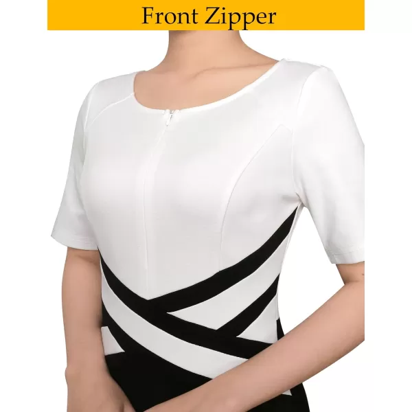 VFSHOW Womens Elegant Front Zipper Slim Work Business Office Party Cocktail ALine DressOff White and Black