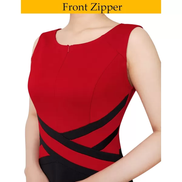 VFSHOW Womens Elegant Front Zipper Slim Work Business Office Party Cocktail ALine DressRed and Blacksleeveless