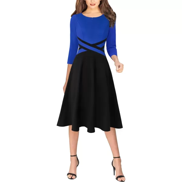 VFSHOW Womens Elegant Front Zipper Slim Work Business Office Party Cocktail ALine DressRoyal Blue  Black 34 Sleeve