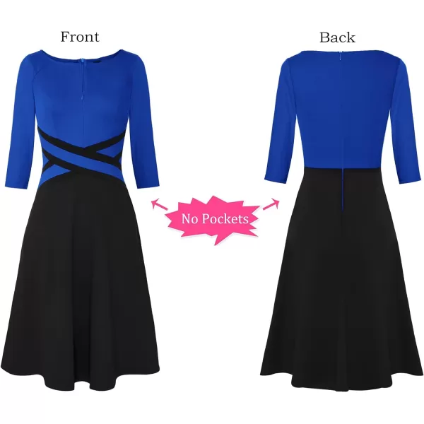 VFSHOW Womens Elegant Front Zipper Slim Work Business Office Party Cocktail ALine DressRoyal Blue  Black 34 Sleeve