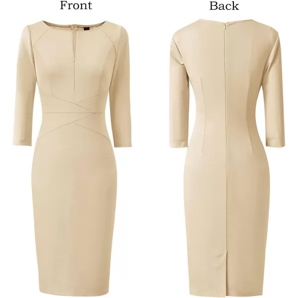 VFSHOW Womens Elegant Front Zipper Slim Work Business Office Party Pencil DressBeige 34 Sleeve  2