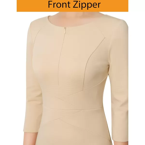 VFSHOW Womens Elegant Front Zipper Slim Work Business Office Party Pencil DressBeige 34 Sleeve  2