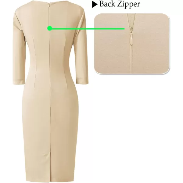 VFSHOW Womens Elegant Front Zipper Slim Work Business Office Party Pencil DressBeige 34 Sleeve  2