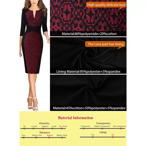 VFSHOW Womens Elegant Front Zipper Slim Work Business Office Party Pencil DressBlack  Dark Red Floral Lace2