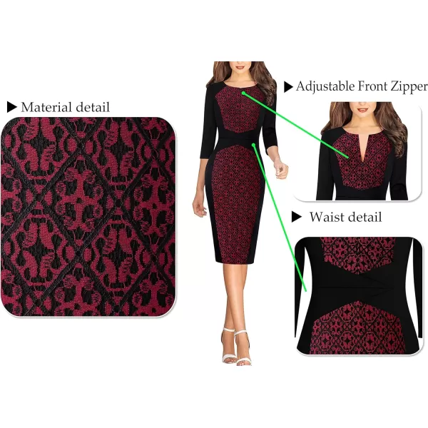 VFSHOW Womens Elegant Front Zipper Slim Work Business Office Party Pencil DressBlack  Dark Red Floral Lace2