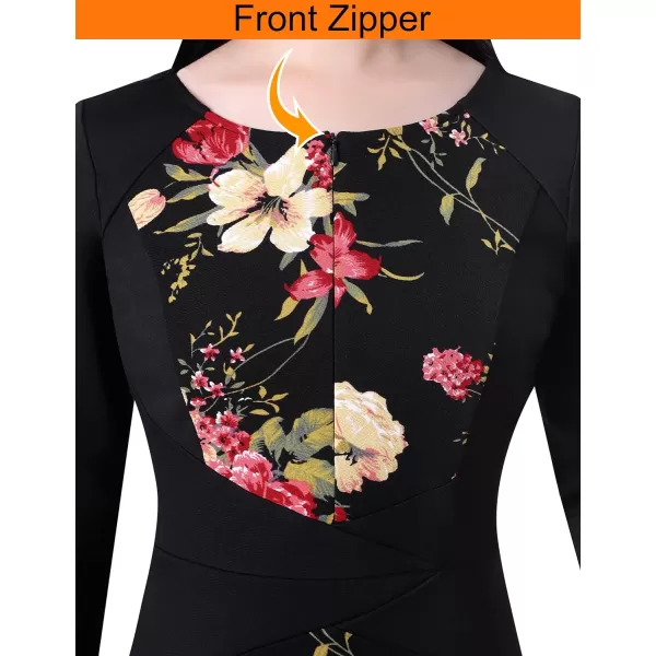 VFSHOW Womens Elegant Front Zipper Slim Work Business Office Party Pencil DressBlack  Multi Floral Print 6