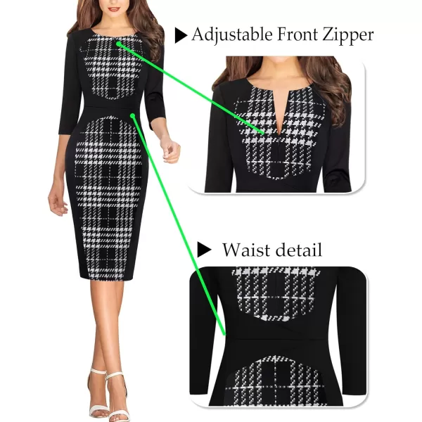 VFSHOW Womens Elegant Front Zipper Slim Work Business Office Party Pencil DressBlack Houndstooth Plaid