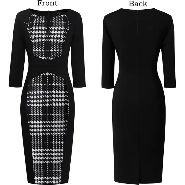 VFSHOW Womens Elegant Front Zipper Slim Work Business Office Party Pencil DressBlack Houndstooth Plaid