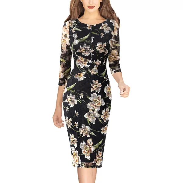 VFSHOW Womens Elegant Front Zipper Slim Work Business Office Party Pencil DressBlack Lace Yellow Floral Print