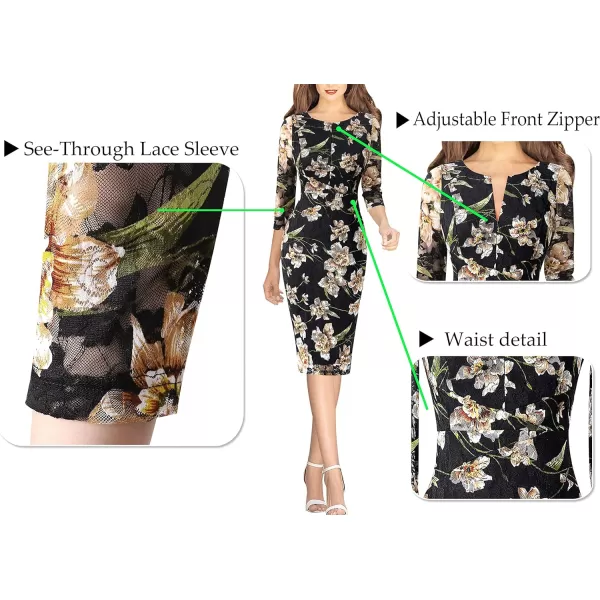 VFSHOW Womens Elegant Front Zipper Slim Work Business Office Party Pencil DressBlack Lace Yellow Floral Print