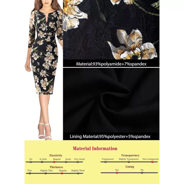 VFSHOW Womens Elegant Front Zipper Slim Work Business Office Party Pencil DressBlack Lace Yellow Floral Print