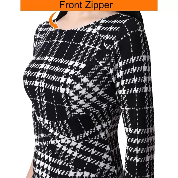 VFSHOW Womens Elegant Front Zipper Slim Work Business Office Party Pencil DressBlack White Houndstooth Print2