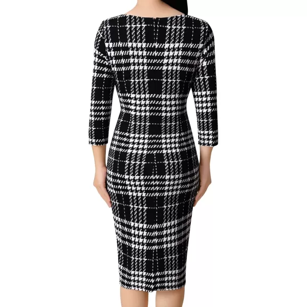 VFSHOW Womens Elegant Front Zipper Slim Work Business Office Party Pencil DressBlack White Houndstooth Print2