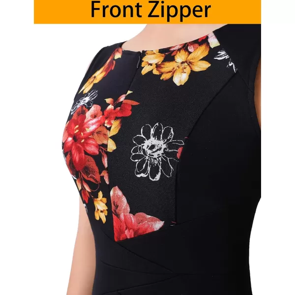 VFSHOW Womens Elegant Front Zipper Slim Work Business Office Party Pencil DressBlack and Front Floral Print