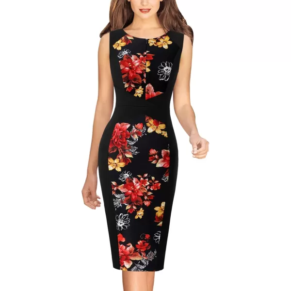 VFSHOW Womens Elegant Front Zipper Slim Work Business Office Party Pencil DressBlack and Front Floral Print