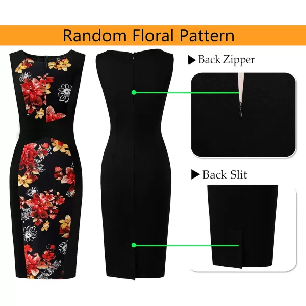 VFSHOW Womens Elegant Front Zipper Slim Work Business Office Party Pencil DressBlack and Front Floral Print