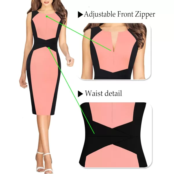 VFSHOW Womens Elegant Front Zipper Slim Work Business Office Party Pencil DressBlack and Peach